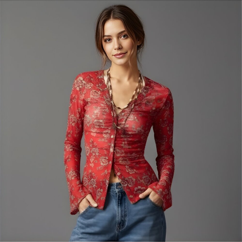 Boho Floral Print Blouse Red